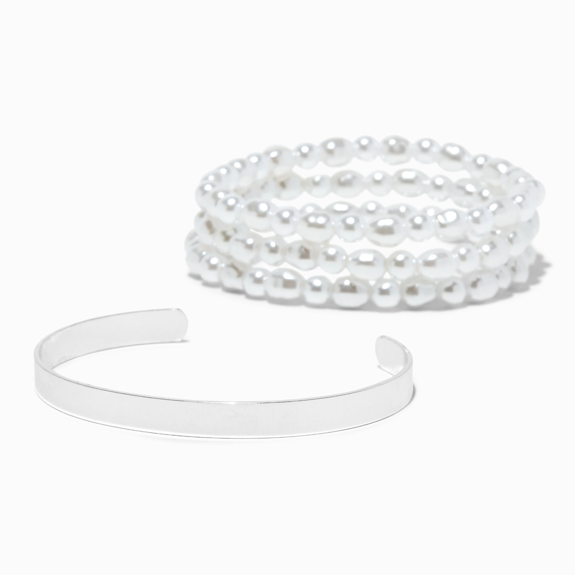 Pearl Stretch Silver tone Cuff Bracelet Set 4 Pack