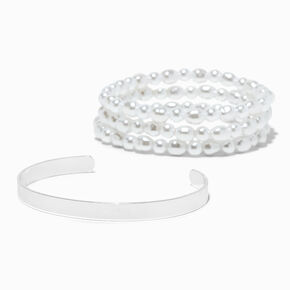 Lot de bracelets manchette couleur argent&eacute;e et &eacute;lastiques perles d&#39;imitation - Lot de 4,