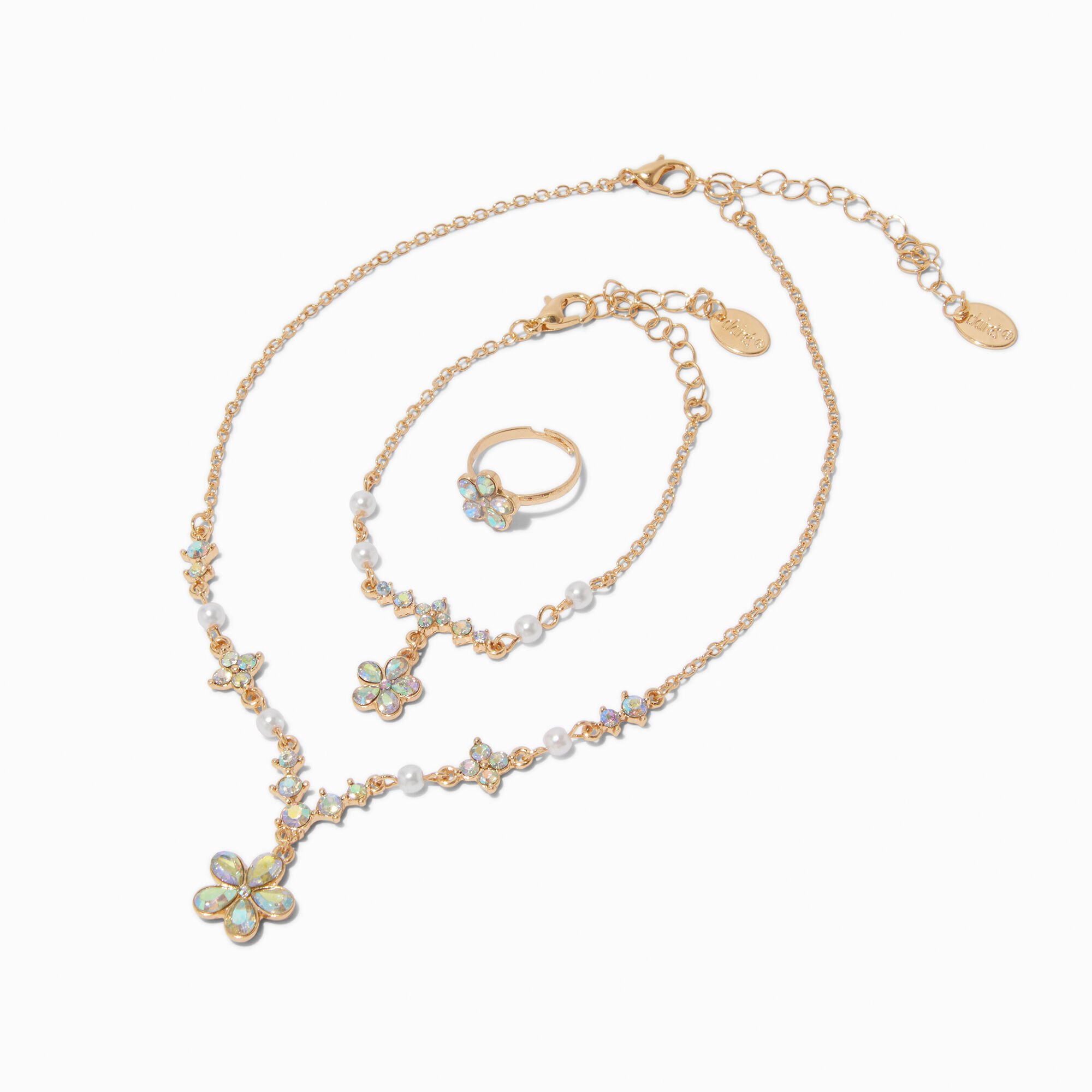Claire's Club Special Occasion Rose Gold-tone Iridescent AB Flower Jewelry Set - 3 Pack,
