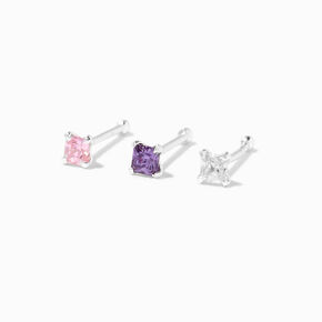 Clous de nez en strass roses et violets 0,6&nbsp;mm couleur argent&eacute;e - Lot de 3,