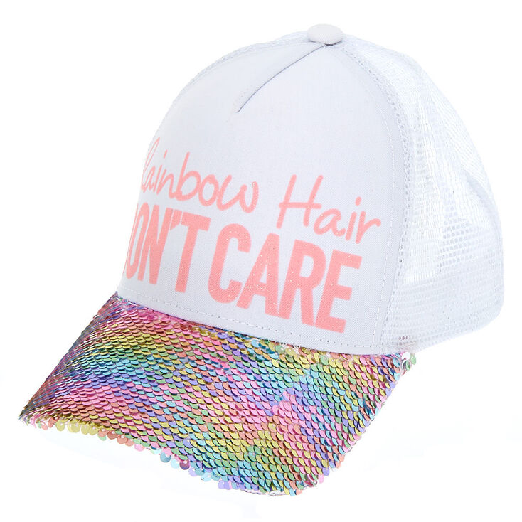 Rainbow Hair Don&#39;t Care Reversible Sequin Baseball Cap,