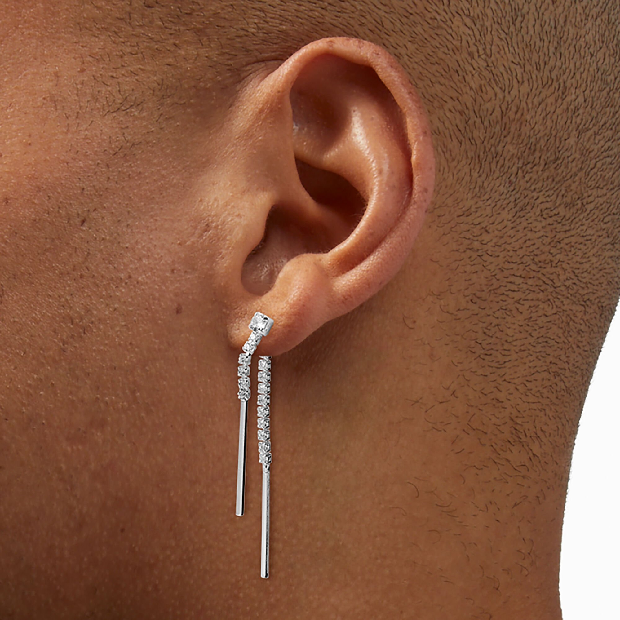Silver-tone Cubic Zirconia Stick Front & Back Drop Earrings ,