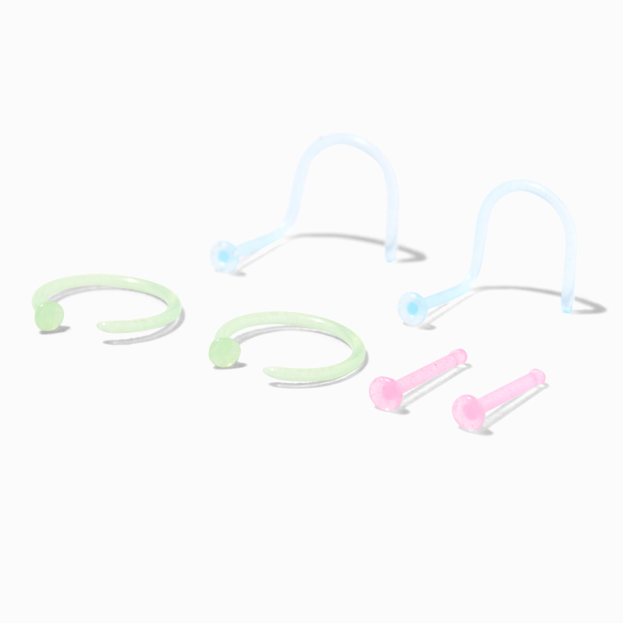 View Claires Glow In The Dark Pastel Bioflex Stud Hoop 20G Nose Rings 6 Pack information