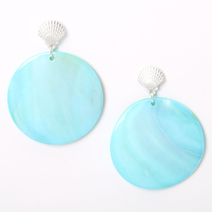 Silver 2&quot; Seashell Disc Drop Earrings - Mint,