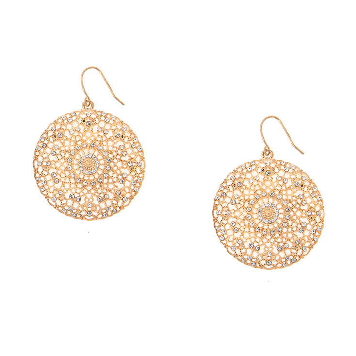 Gold Filigree Medallion With Crystal Drop Earrings Claire S Us Gold Filigree Medallion With Crystal Drop Earrings
