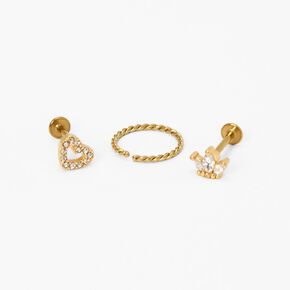Gold-tone Crown &amp; Heart Mixed Tragus Earrings - 3 Pack,
