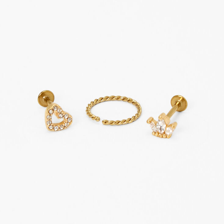 Gold Crown &amp; Heart Mixed Tragus Earrings - 3 Pack,