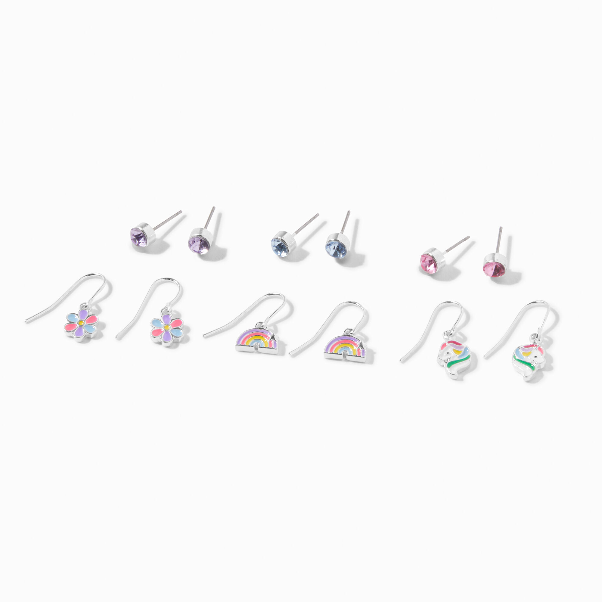 View Claires Tone Rainbow Unicorn Drop Stud Earrings 6 Pack Silver information