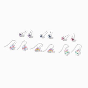 Silver-tone Rainbow Unicorn Drop &amp; Stud Earrings - 6 Pack,