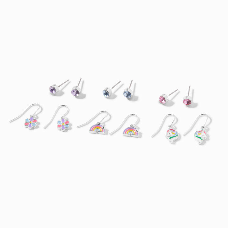 Silver-tone Rainbow Unicorn Drop &amp; Stud Earrings - 6 Pack,