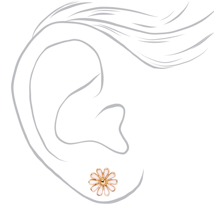 Gold Daisy Flower Stud Earrings - White,