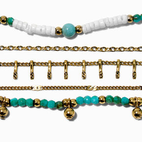 Bracelets aux designs vari&eacute;s couleur dor&eacute;e et perl&eacute;s couleur turquoise - Lot de 5,
