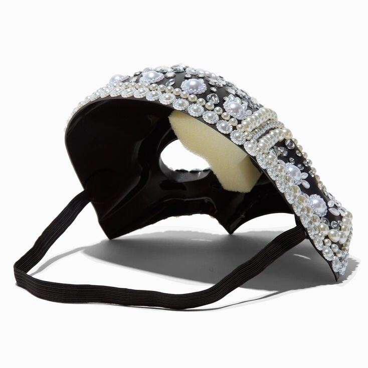 Embellished Gemstone &amp; Pearl Black Skull Mask,