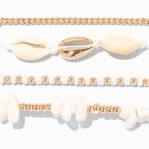 Bracelets coquillages cauris blancs et couleur dor&eacute;e - Lot de 4,