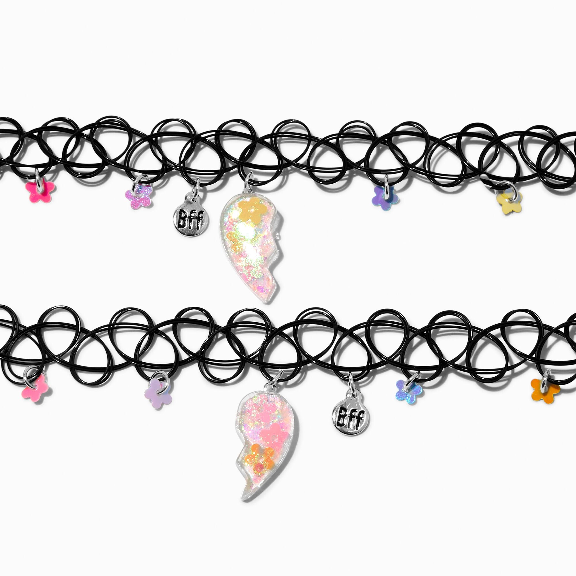 Best Friends Split Heart Flower Charm Tattoo Choker Necklaces 2