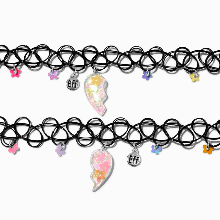 Best Friends Split Heart Flower Charm Tattoo Choker Necklaces - 2 Pack,