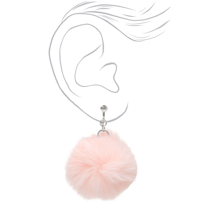 Silver 1.5&quot; Pom Pom Clip On Drop Earrings - Light Pink,