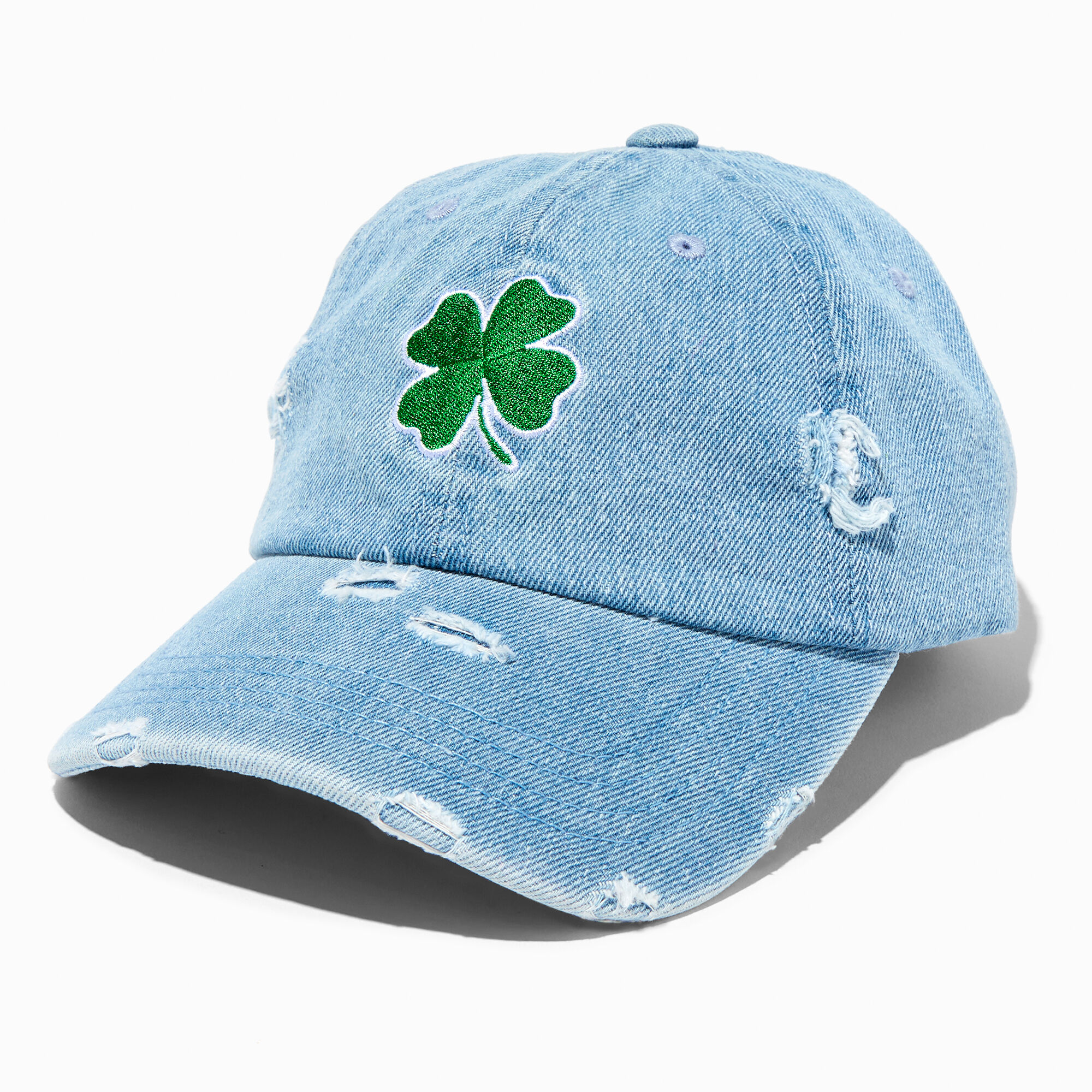 Green Shamrock Distressed Denim Baseball Cap Claire s