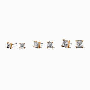 Gold-tone Cubic Zirconia 5mm, 6mm, &amp; 7mm Square Stud Earrings - 3 Pack,