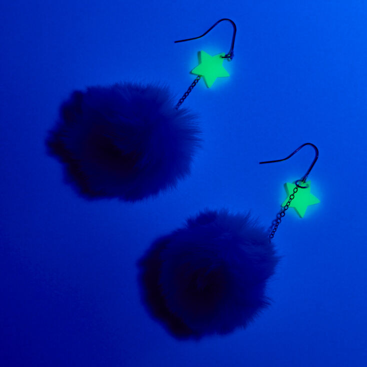 Blue Star Glow in the Dark Pom Pom 3&#39;&#39; Drop Earrings,