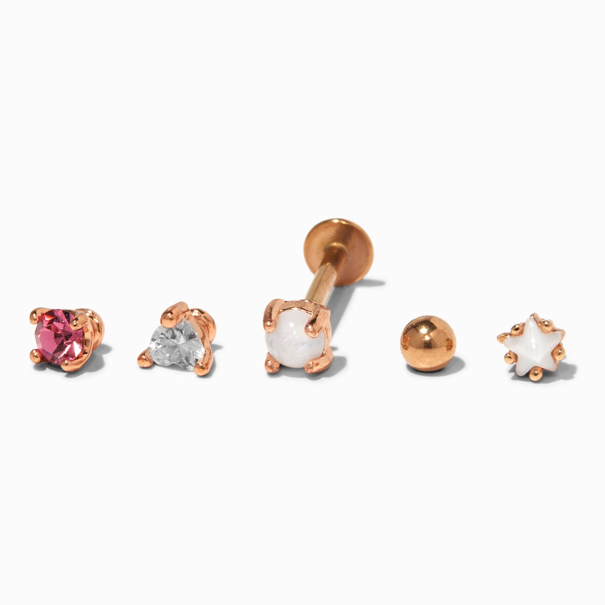 View Claires Rose Multi Changeable Flat Back Tragus Earrings 5 Pack Gold information