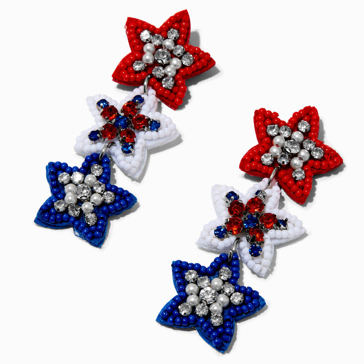 Red, White, & Blue Beaded Star Trio Drop Earrings