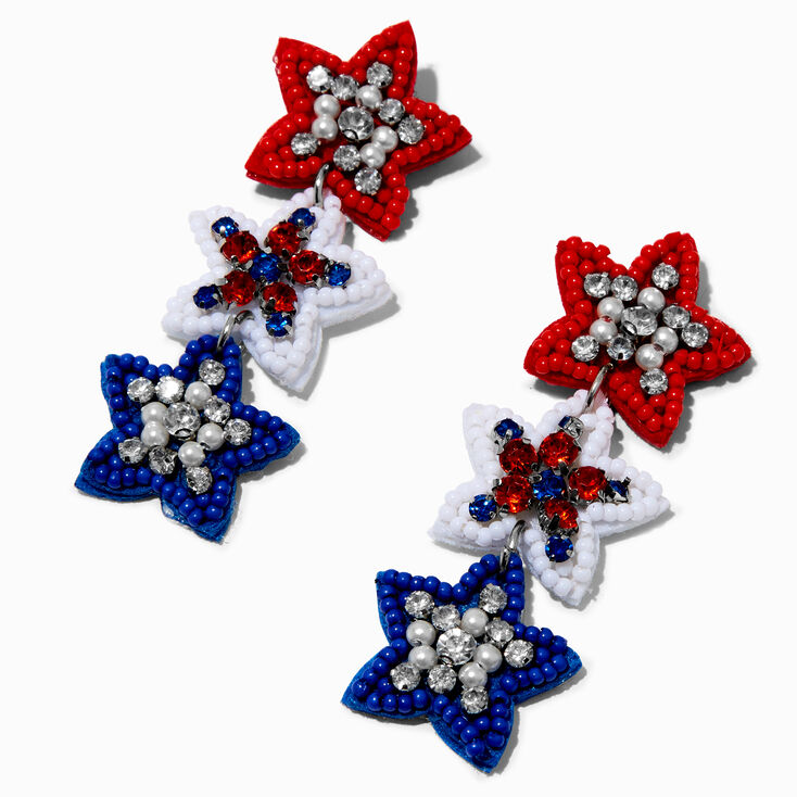 Red, White, &amp; Blue Beaded Star Trio Drop Earrings,