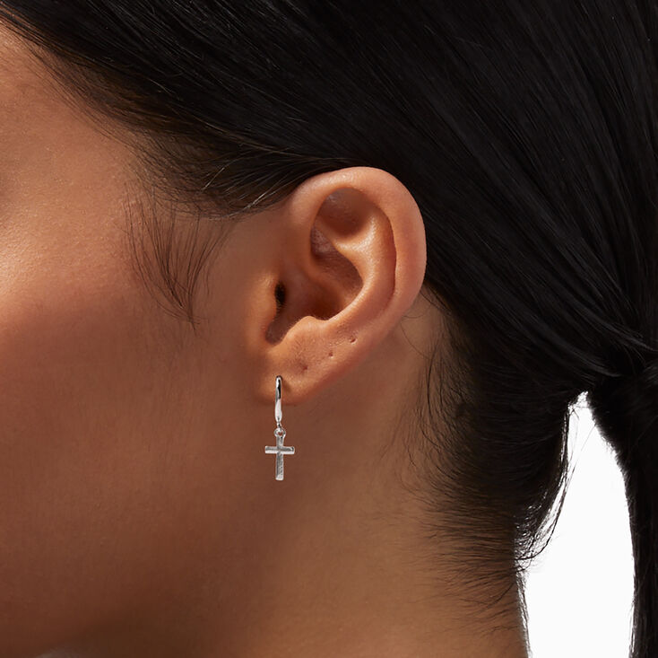 Silver 20MM Cross ClipOn Hoop Earrings Claire's US