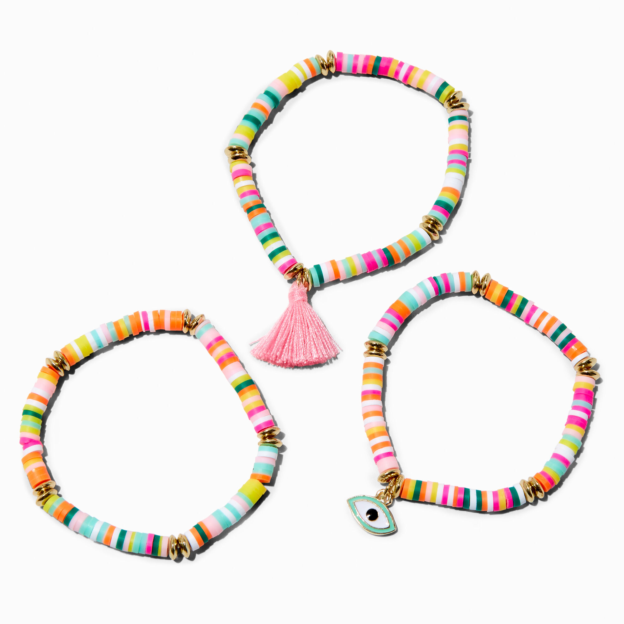 View Claires Club Fimo Clay Tassel Stretch Bracelets 3 Pack Rainbow information