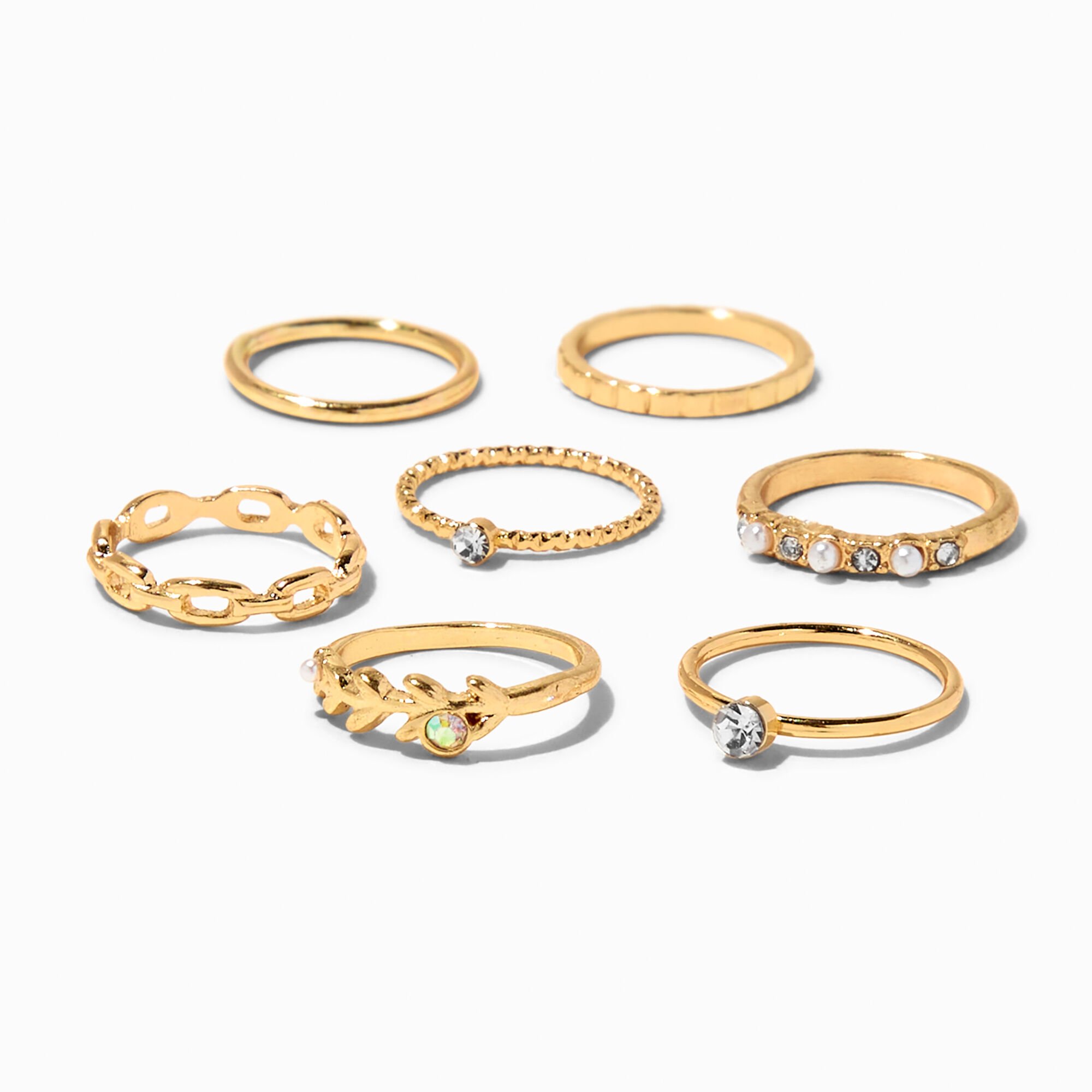 View Claires Pearl Crystal Midi Rings 7 Pack Gold information