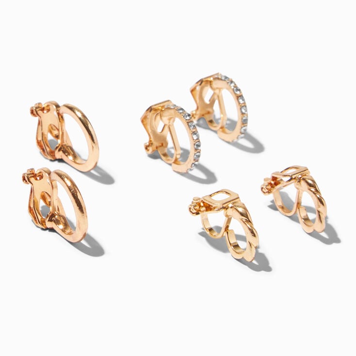 Gold Embellished Crystal Clip On Huggie Hoop Earrings - 3 Pack,
