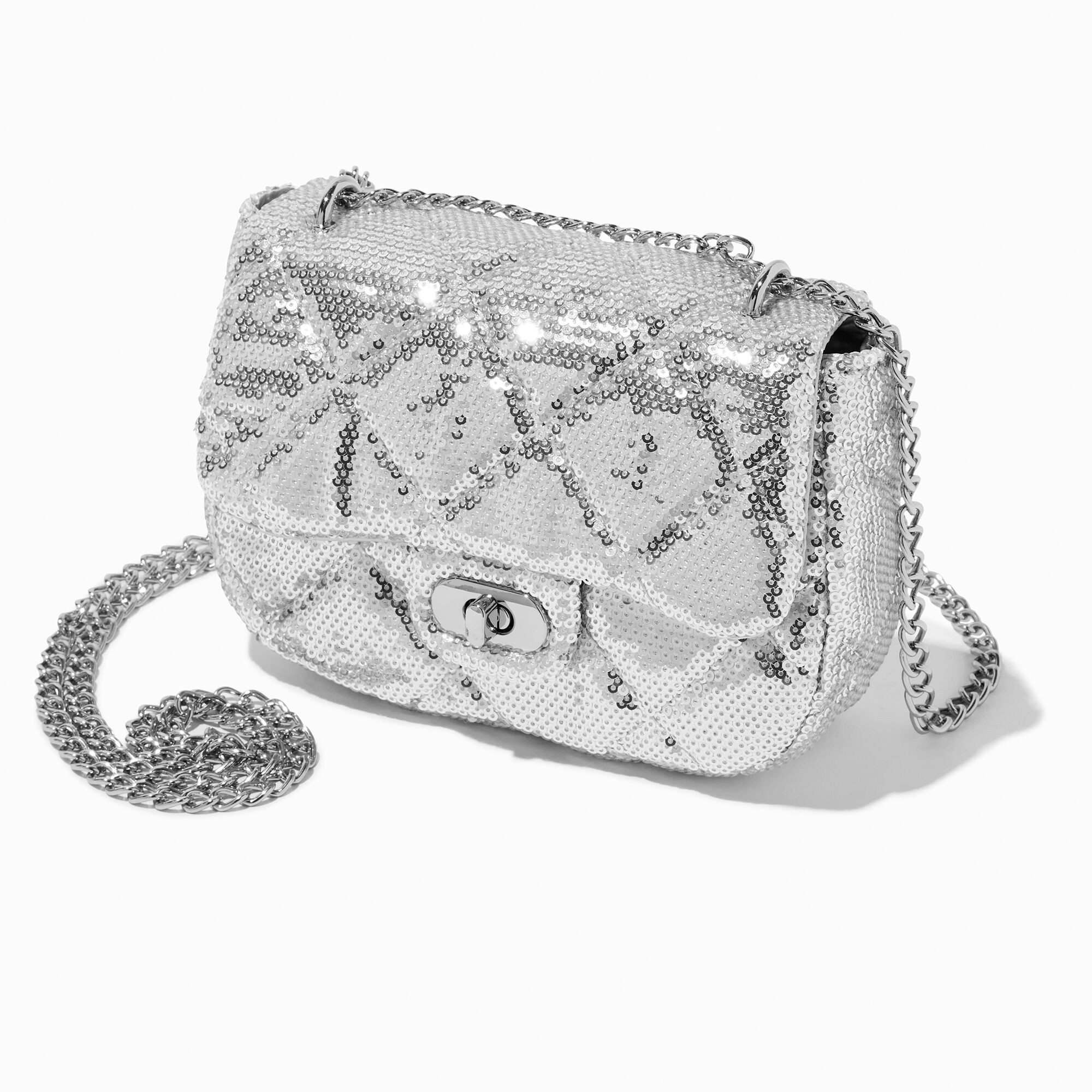 View Claires Sequin Quilted Crossbody Bag Silver information