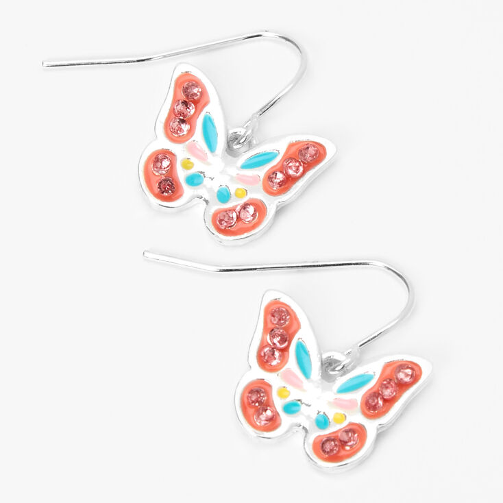 Silver 0.75&quot; Enamel Butterfly Drop Earrings,