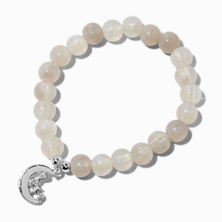 Moon Charm Gray Beaded Stretch Bracelet,