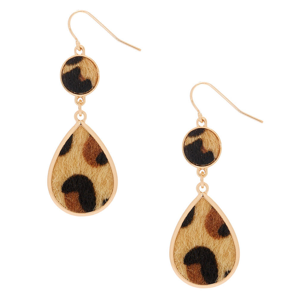 Gold 2" Fuzzy Leopard Print Drop Earrings,