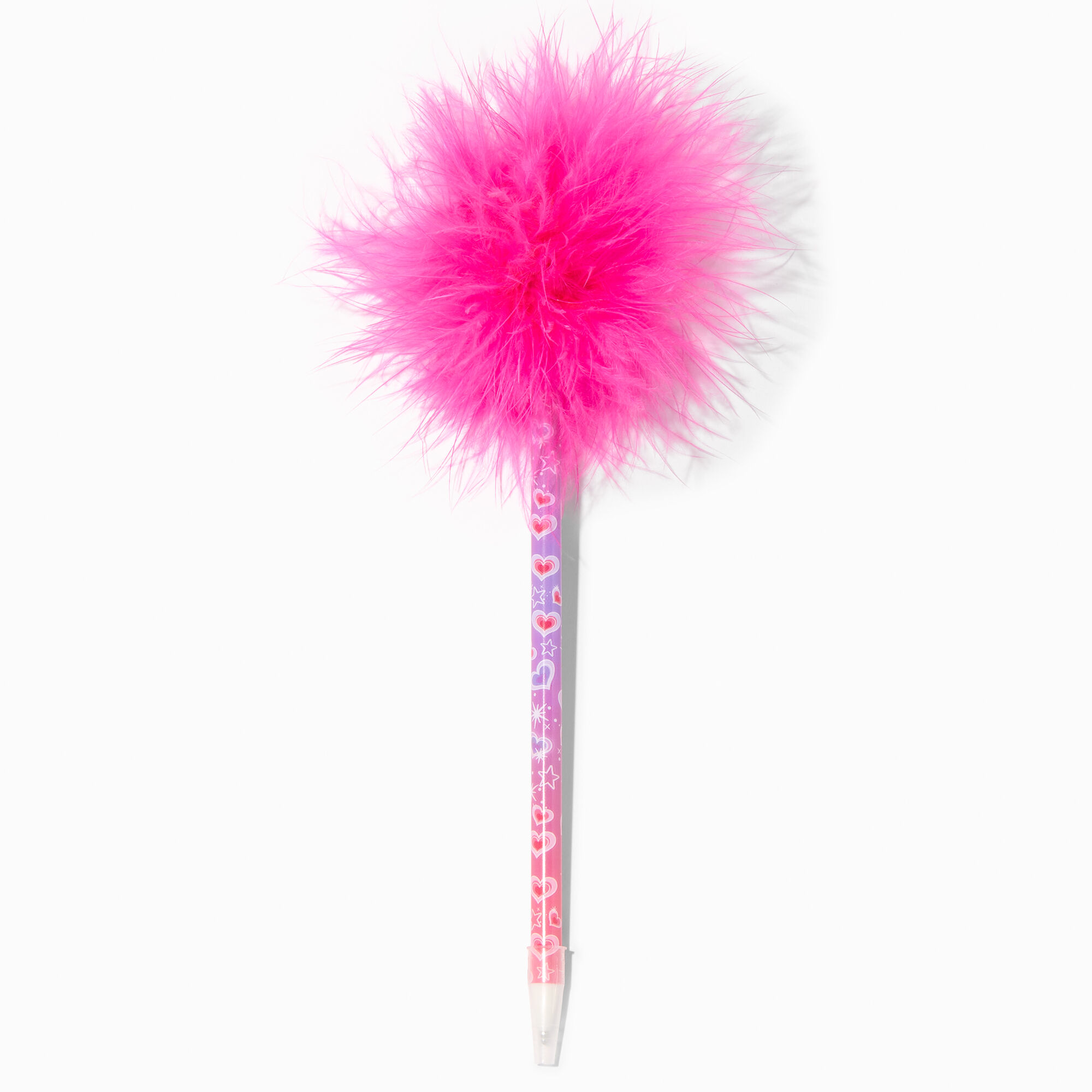 View Claires Heart Print Marabou Feather Pen Pink information