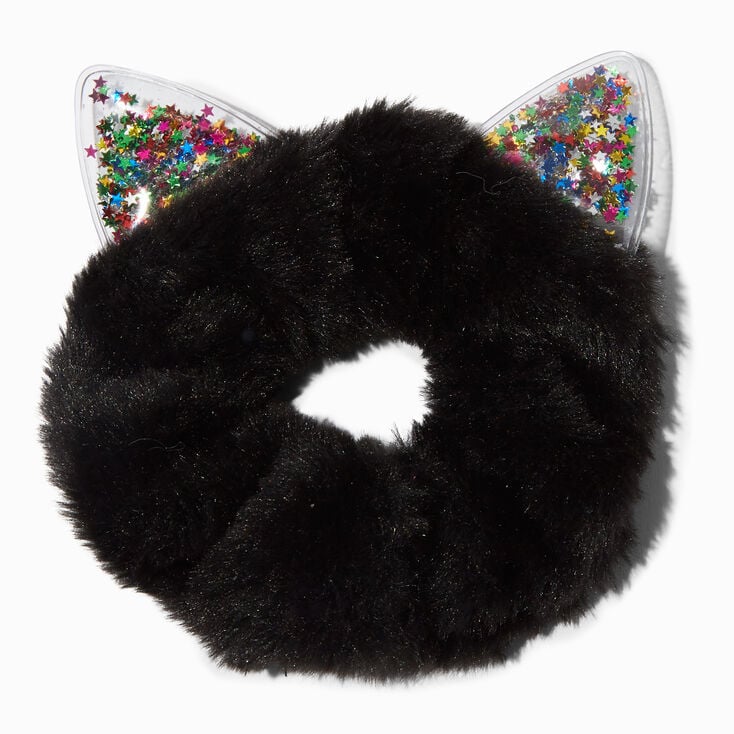 Black Furry Confetti Cat Ear Medium Hair Scrunchie ,
