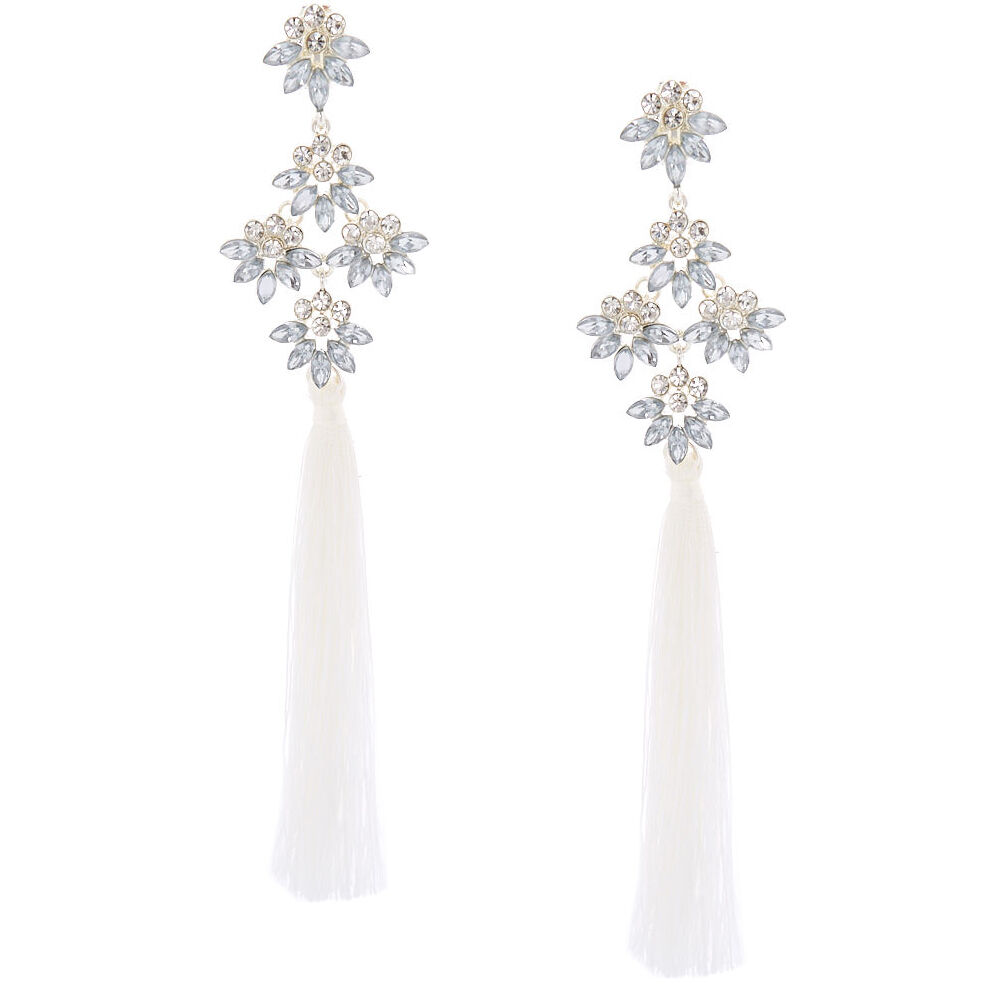 5" Tassel Crystal Clip On Drop Earrings - White,