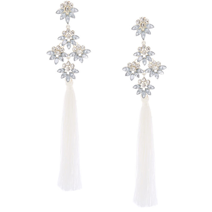 5&quot; Tassel Crystal Clip On Drop Earrings - White,