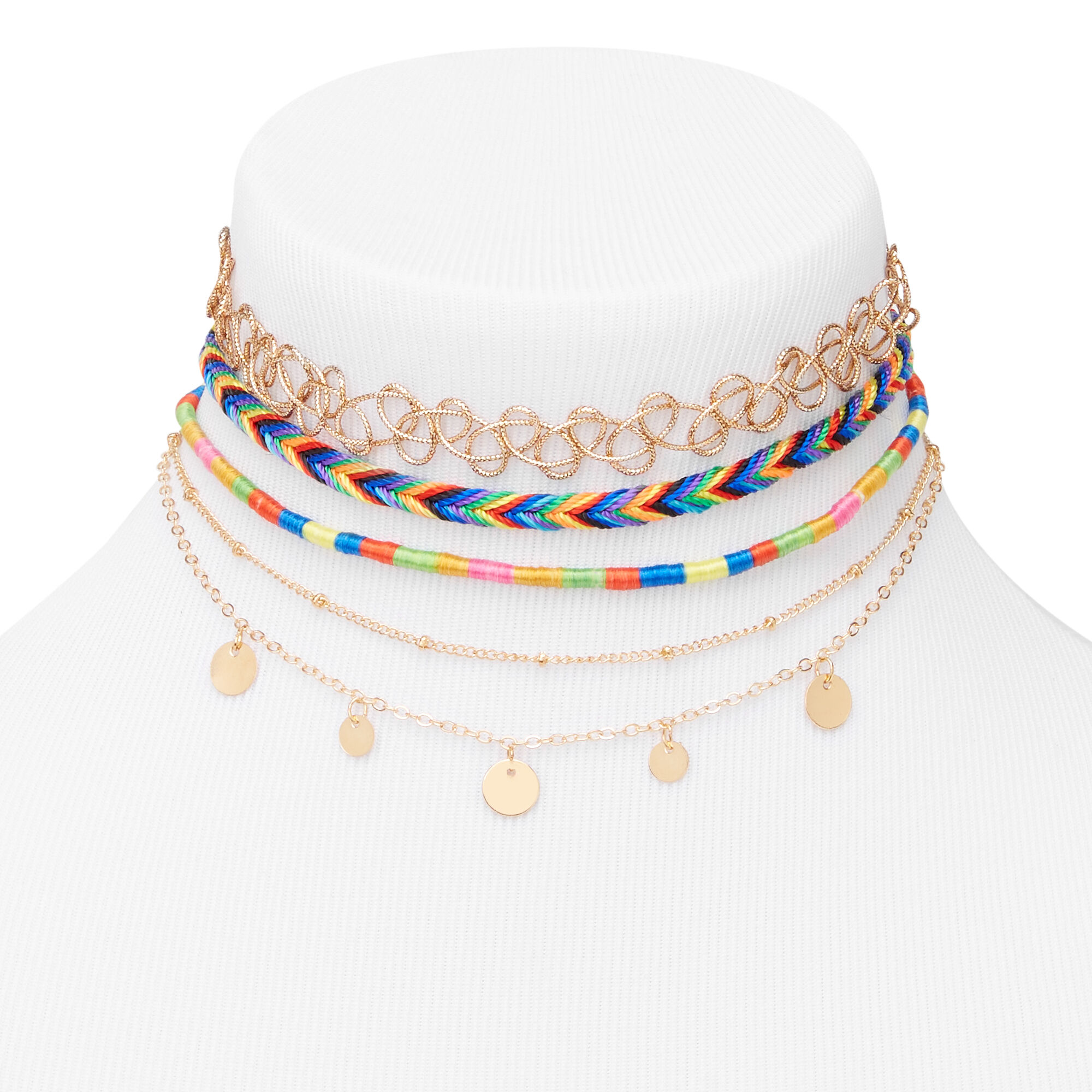 Gold Rainbow Disc Mixed Choker Necklaces 5 Pack