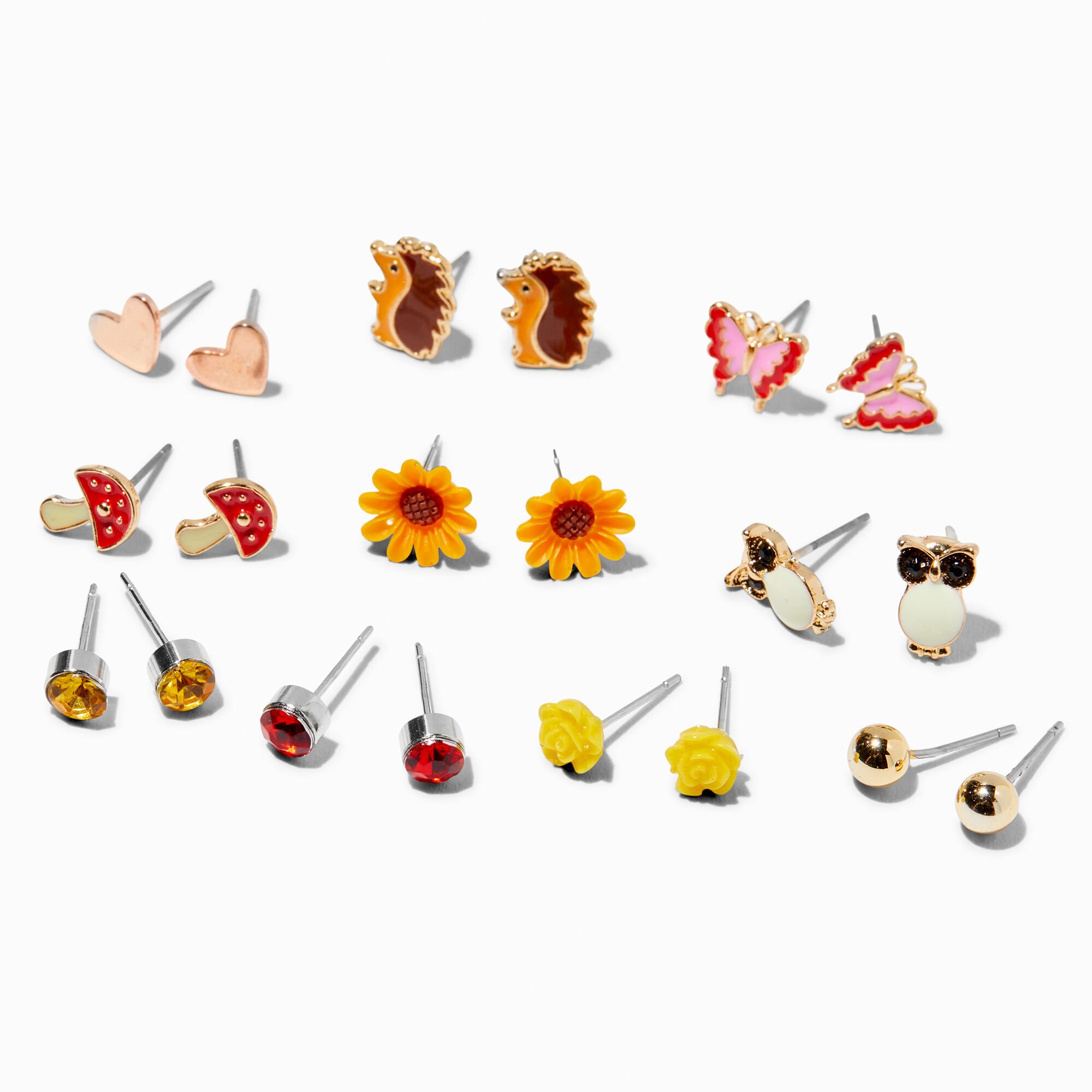 View Claires Hedgehogs Mushrooms Assorted Fall Stud Earrings 9 Pack information