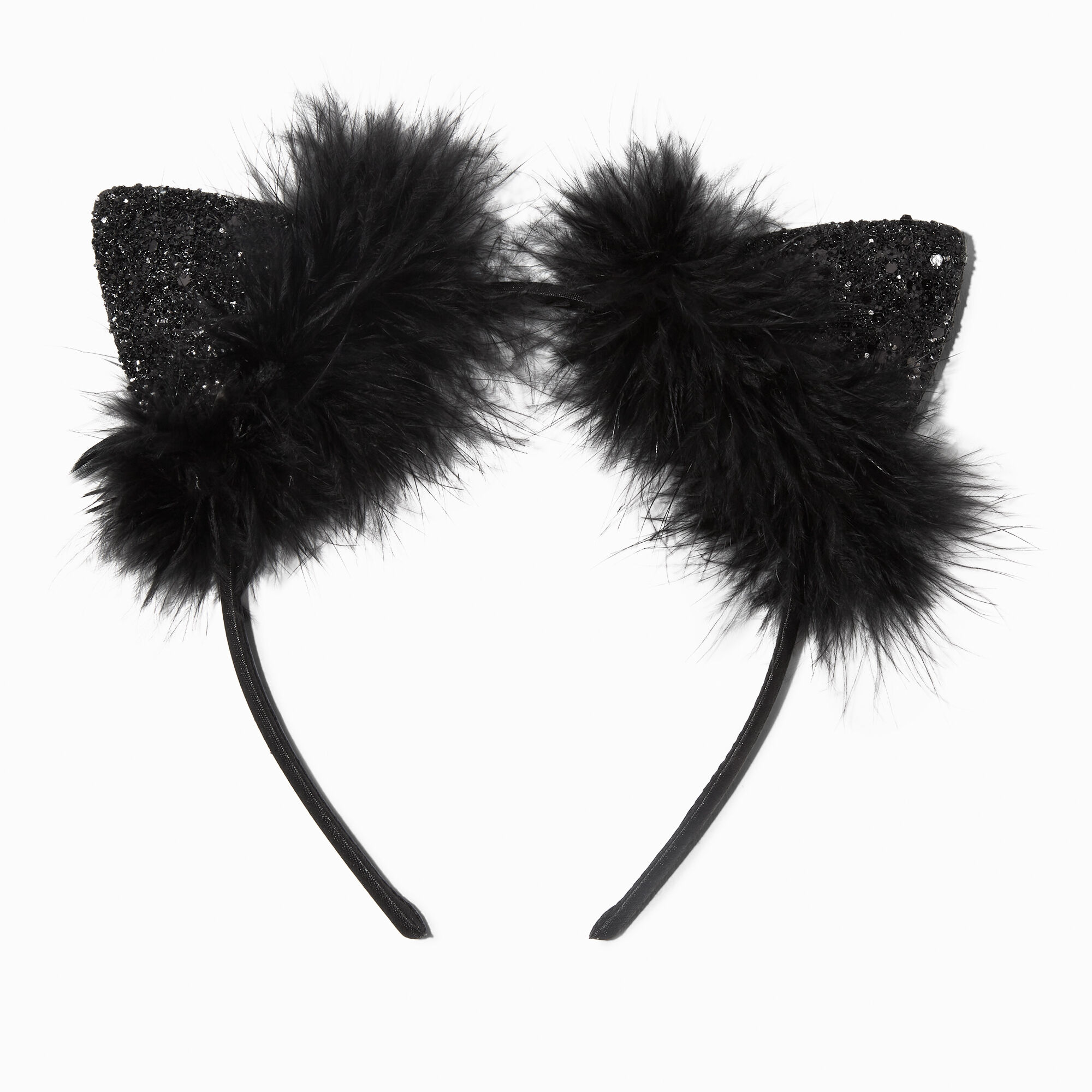 Feathers & Glitter Black Cat Ears Headband,
