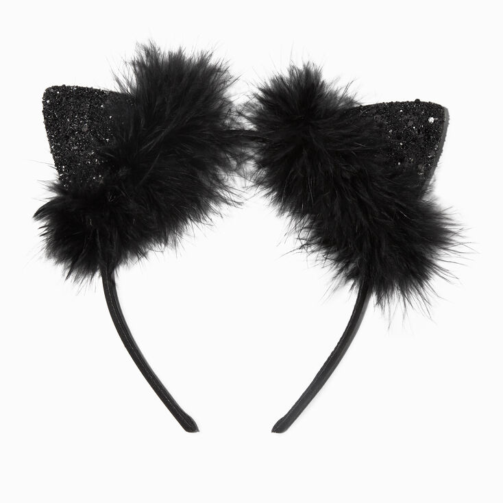 Feathers &amp; Glitter Black Cat Ears Headband,