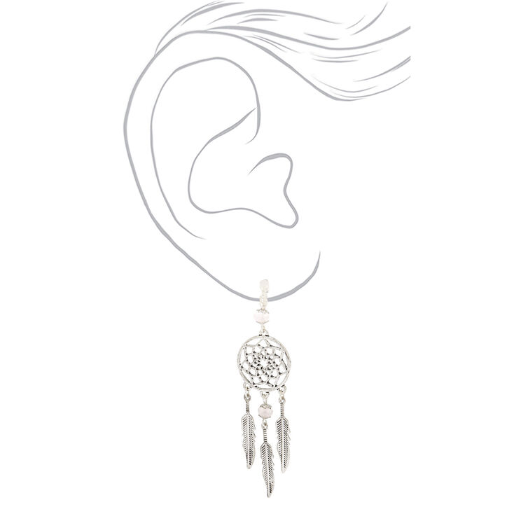 Silver 3&quot; Gem Dreamcatcher Clip On Drop Earrings - Pink,