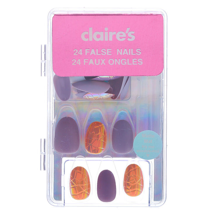 Holographic &amp; Matte Snakeskin Texture Round Faux Nail Set - Purple, 24 Pack,