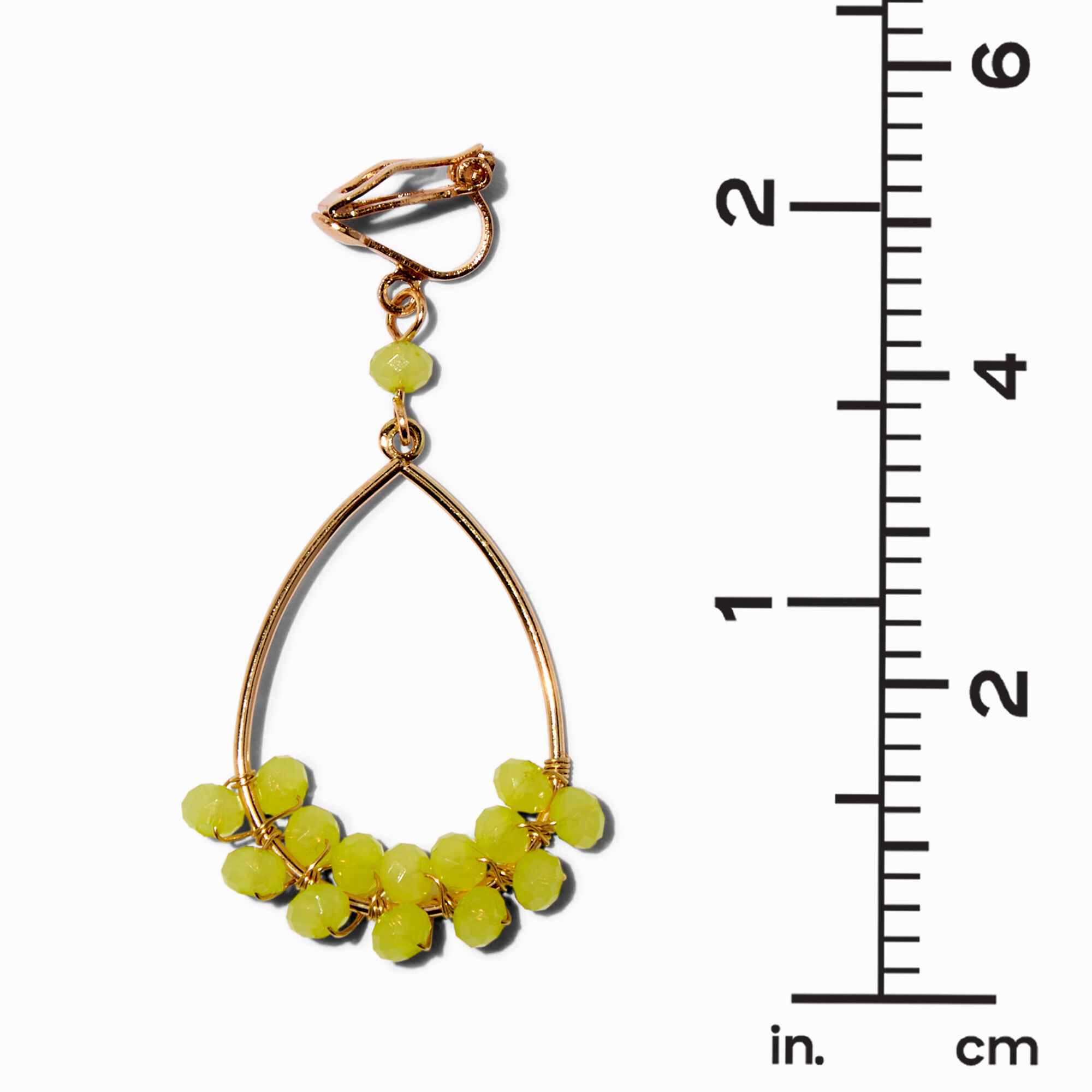 Pendantes 4 cm à clip anneaux couleur dorée perlés jaune-vert,