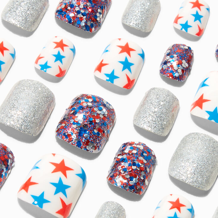 Stars &amp; Stripes Glittery Square Press On Faux Nail Set - 24 Pack,