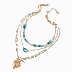 Gold-tone Heart Turquoise Beaded Multi-Strand Necklace,