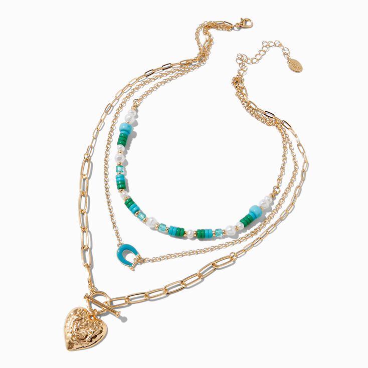 Gold-tone Heart Turquoise Beaded Multi-Strand Necklace,
