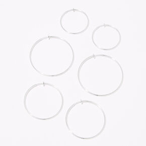 Silver Graduated Clip On Hoop Earrings - 3 Pack,